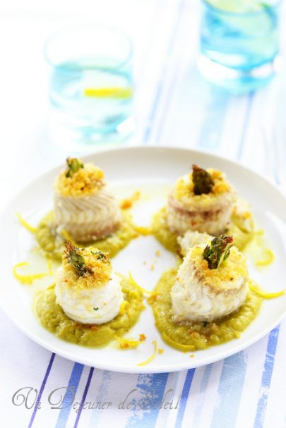 Roulés de sole panés et caviar d’asperges au citron