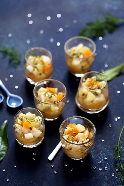 Tartare de Saint-Jacques clémentine et fruit de la passion
