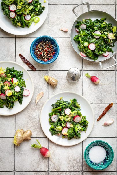 Épinards et cresson sautés au gingembre