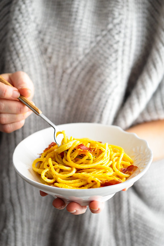 pates carbonara potimarron chips jambon