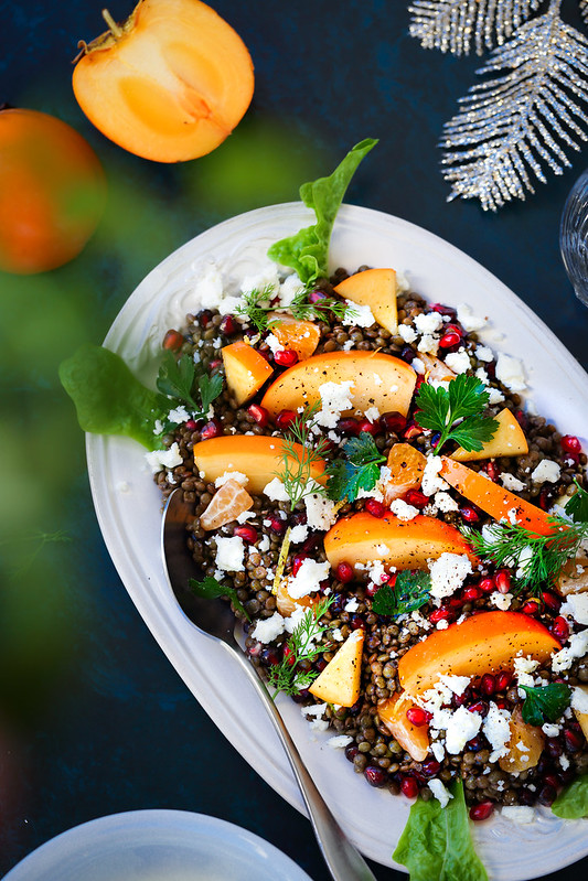 Salade de lentilles, kaki, feta et grenade - Recette facile - Un