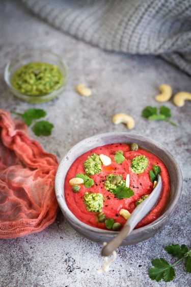 veloute courge betterave pesto coriandre vegan