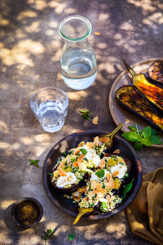 aubergines roties harissa farcies taboule recette