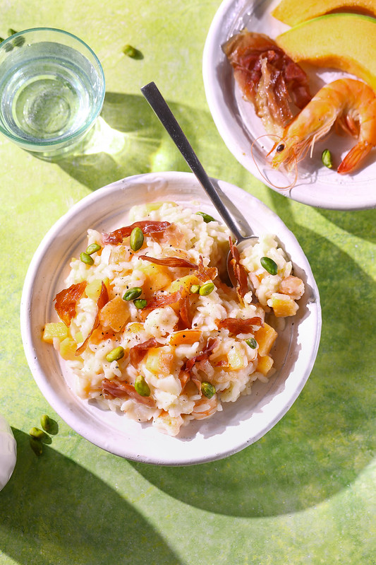 risotto crevettes melon jambon