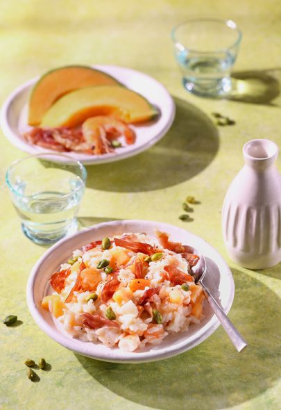 Risotto au melon, crevettes et jambon croustillant