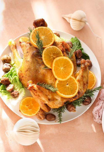 Chapon rôti à l’orange et aux marrons