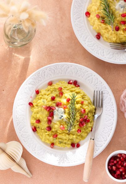Risotto au gorgonzola, curcuma et grenade